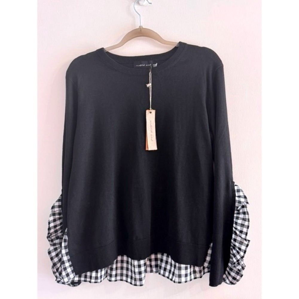 Mustard Seed Black Layered Gingham Peplum Sweater Top Ruffle Sleeve Size M NEW